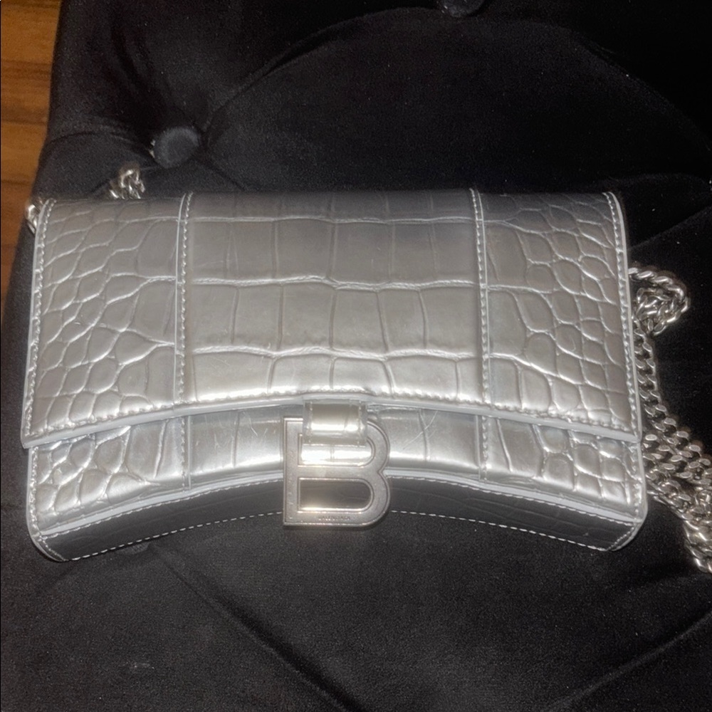 Balenciaga Silver Croc Embossed Chain Bag